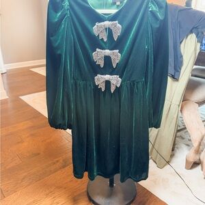 Sugarlips Emerald Green Velvet Mini Dress with Silver Sequin Bows